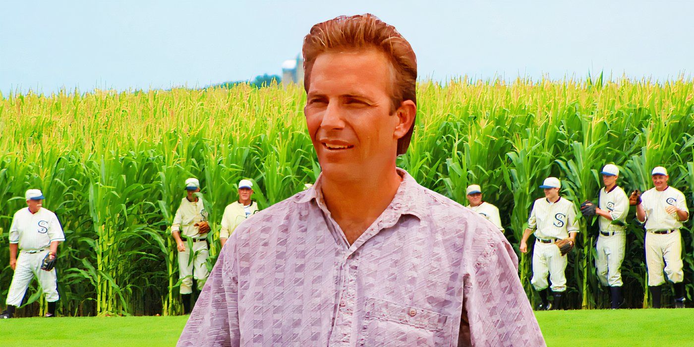Kevin Costner as Ray standing against a backdrop of the Sox players standing in the cornfield in Field of Dreams