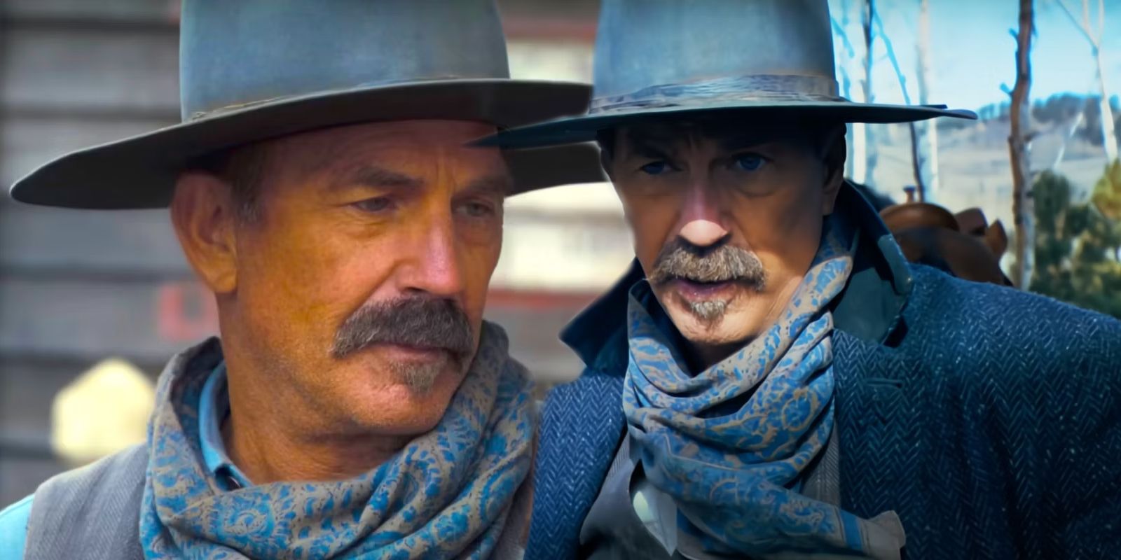 Kevin Costner looking down and Costner looking serious in Horizon An American Saga trailer