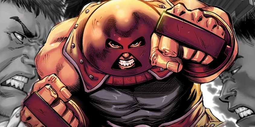 Comic book art: Juggernaut (in color) leaping toward the reader; background, Cain Marko and Kid Juggernaut facing off angrily. 
