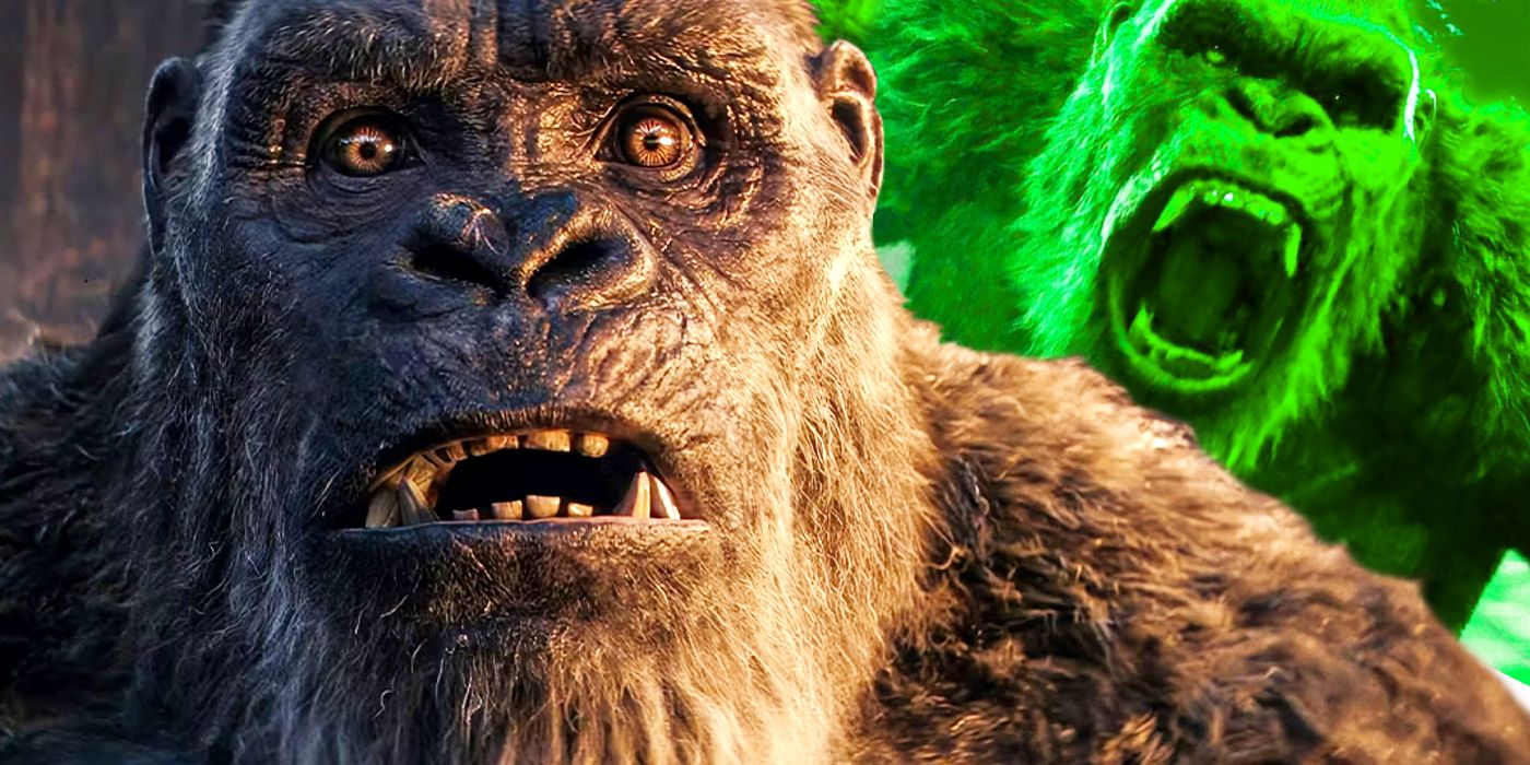 king kong shocked with a green kong roaring over his shoulder