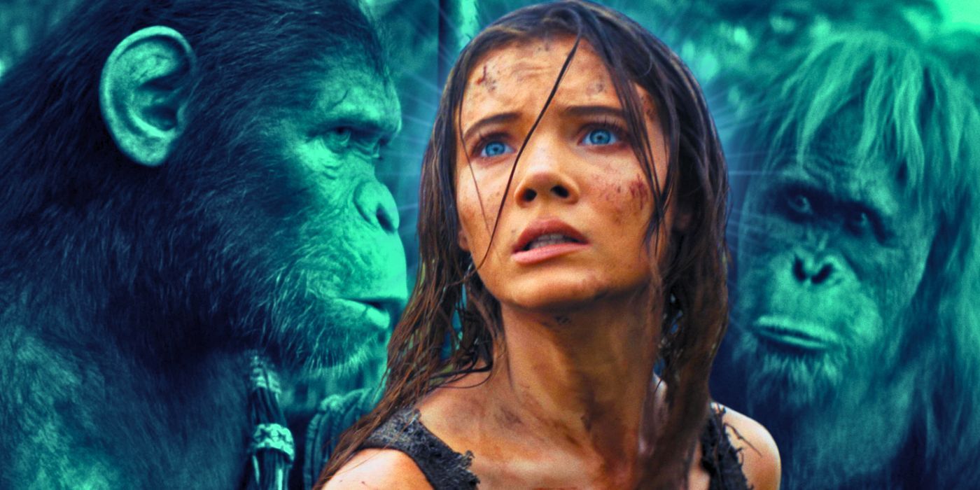 Freya Allan as Mae in Kingdom of the Planet of the Apes and Noa (Owen Teague) and Raka (Peter Macon)