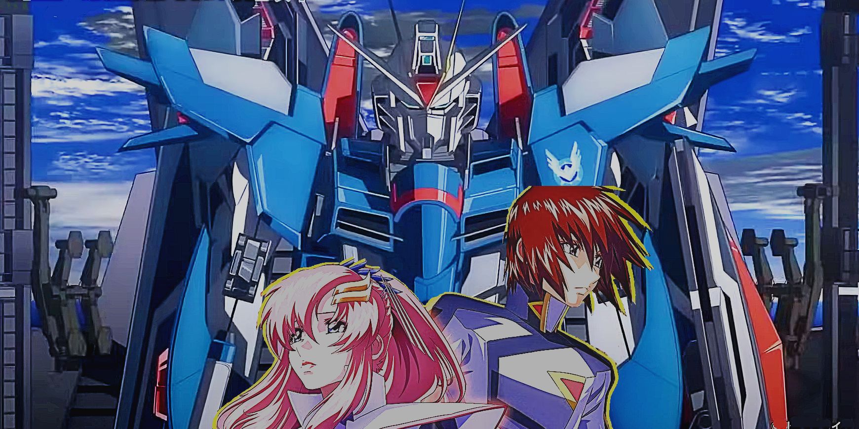 Kira and Lacus in front of the Mobile Suit Freedom in Gundam SEED Freedom.