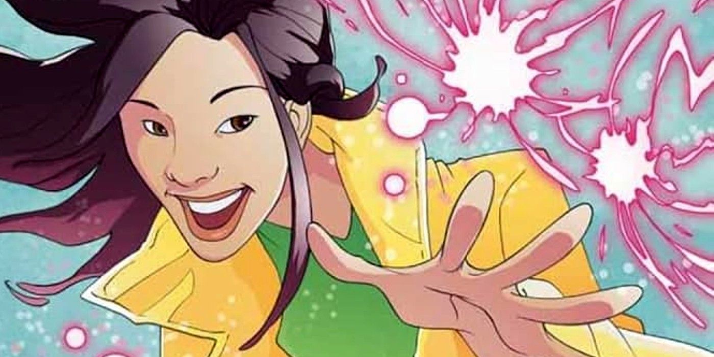 Comic book art: Close up of Jubilee smiling and making a purple firework with her powers.