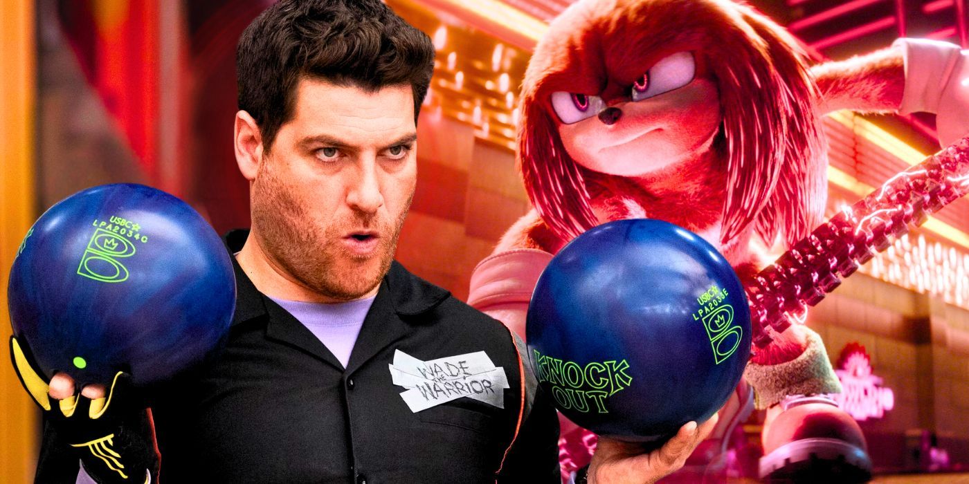 Adam Pally as Wade Whipple holding two bowling balls next to Knuckles ready to fight in Knuckles