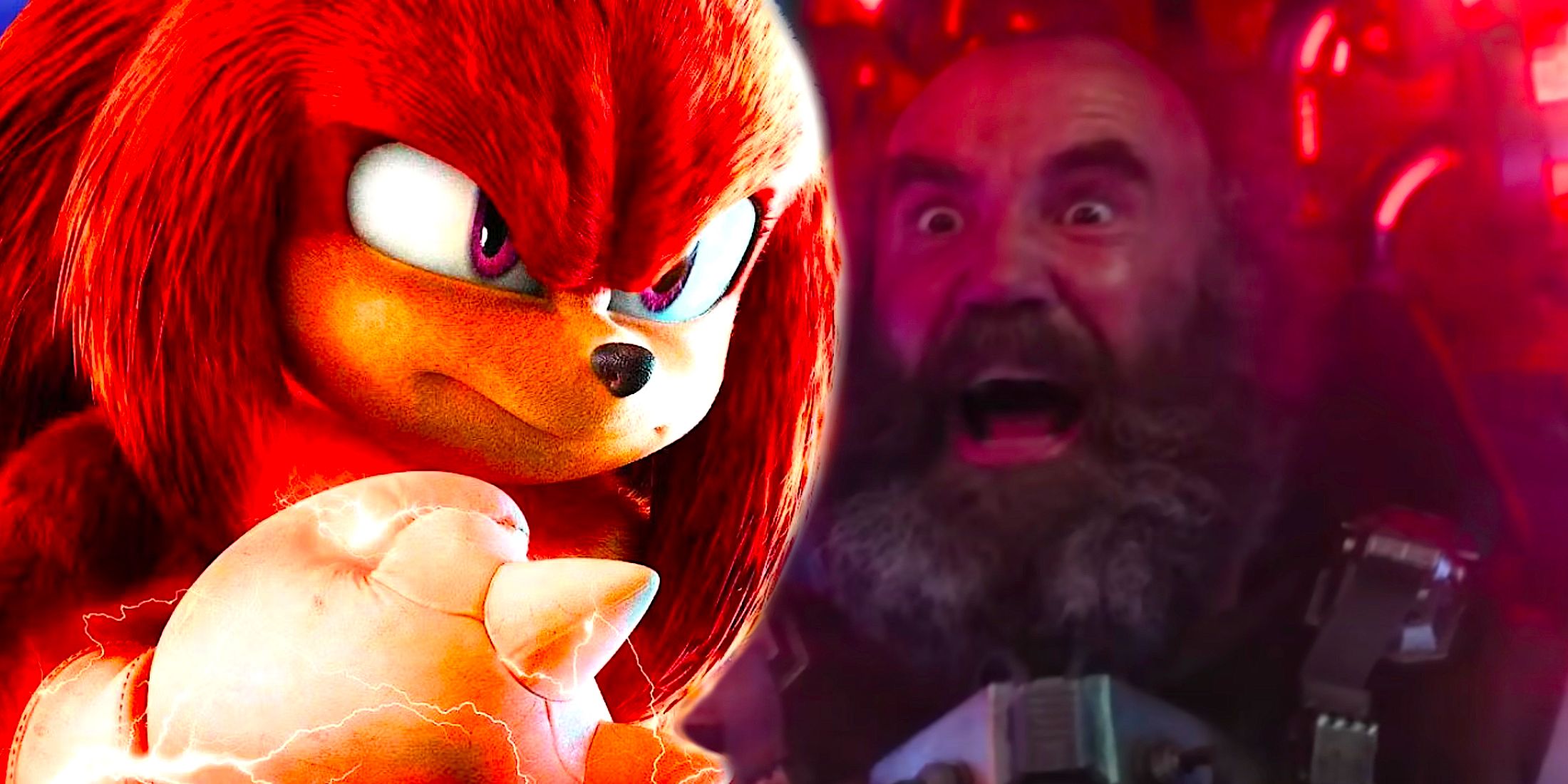 Knuckles looking confident in Sonic the Hedgehog 2 next to the Buyer laughing in Knuckles TV Show