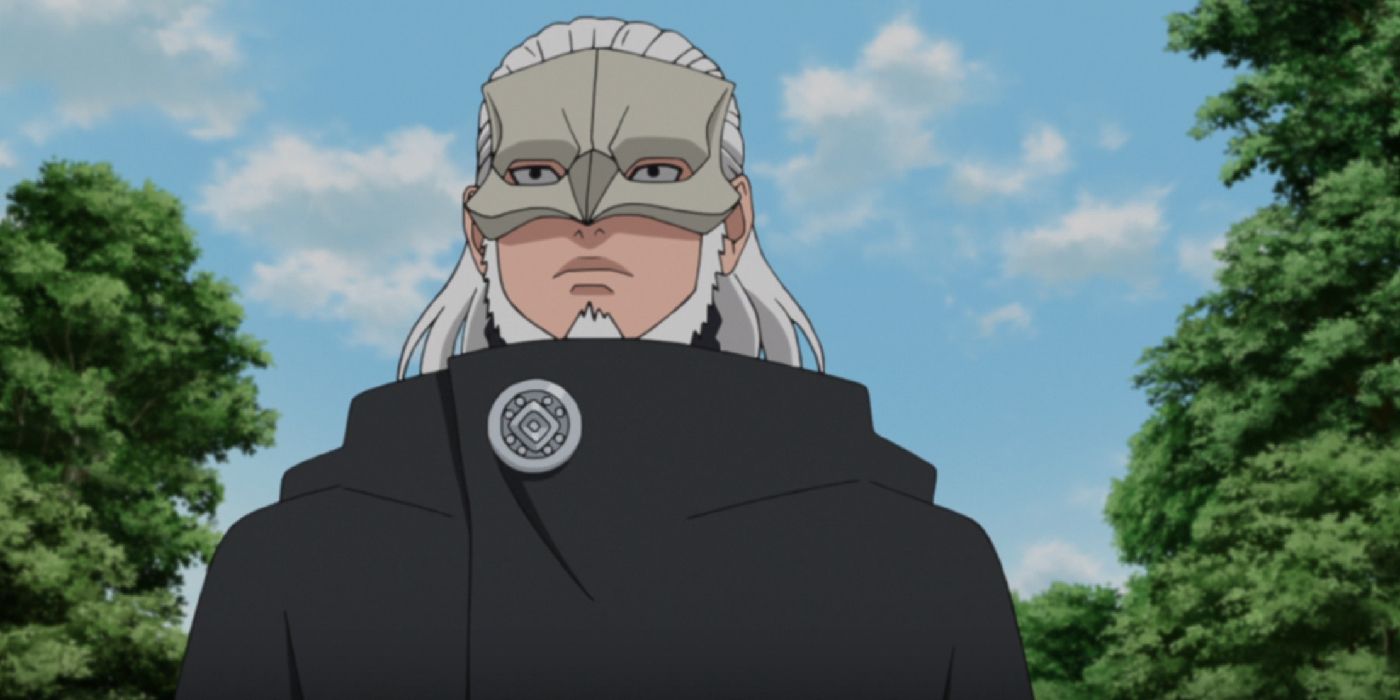 Koji Kashin stands with his mask on against a blue sky and with a forest behind him in Boruto.