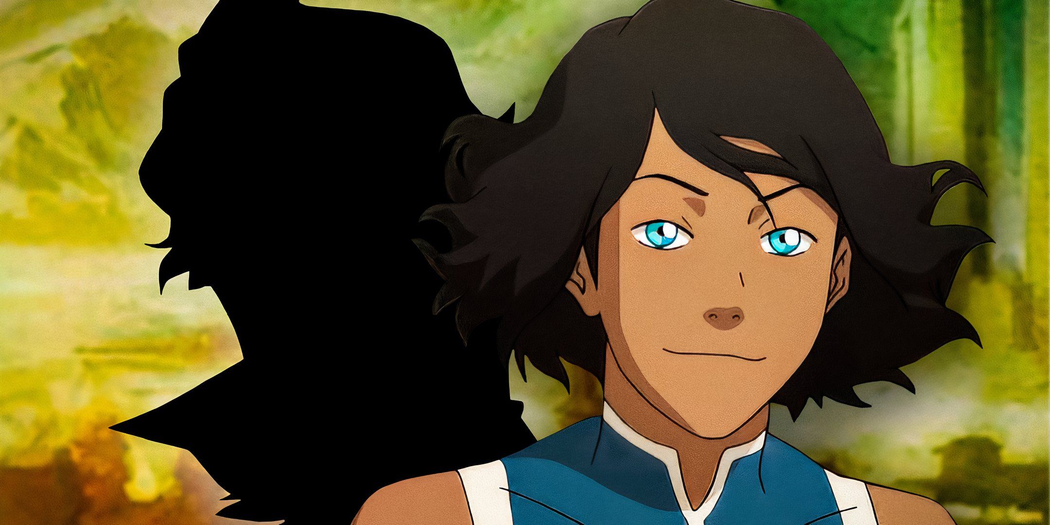 Korra in front of the silhouette of a character from The Legend of Korra