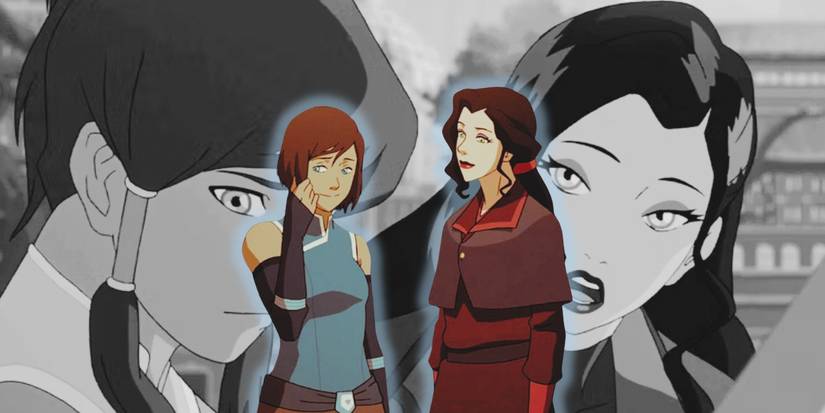 A custom image features Legend of Korra characters Korra and Asami in color over an image of them talking in black and white