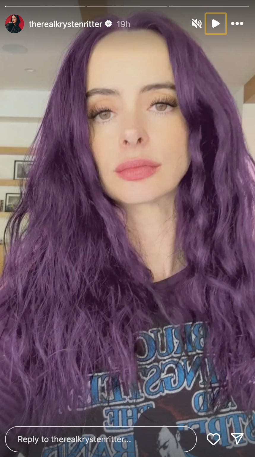 Krysten Ritter with purple hair on Instagram story