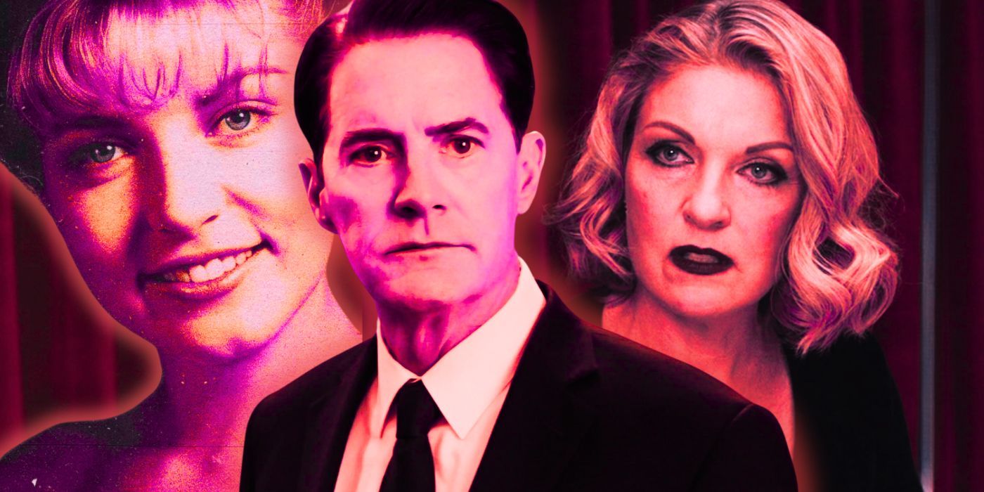 Kyle MacLachlan as Dale Cooper looking concerned and Sheryl Lee as Laura Palmer looking concerned in the Black Lodge from Twin Peaks The Return