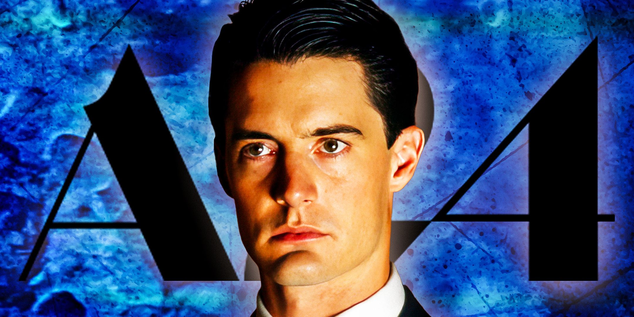 Kyle MacLachlan as Special Agent Dale Cooper looking surprised in Twin Peaks with the A24 logo behind him