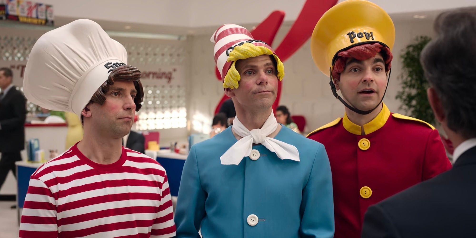 Kyle Mooney, Mikey Day, and Drew Tarver are dressed as Snap, Crackle, and Pop. 
