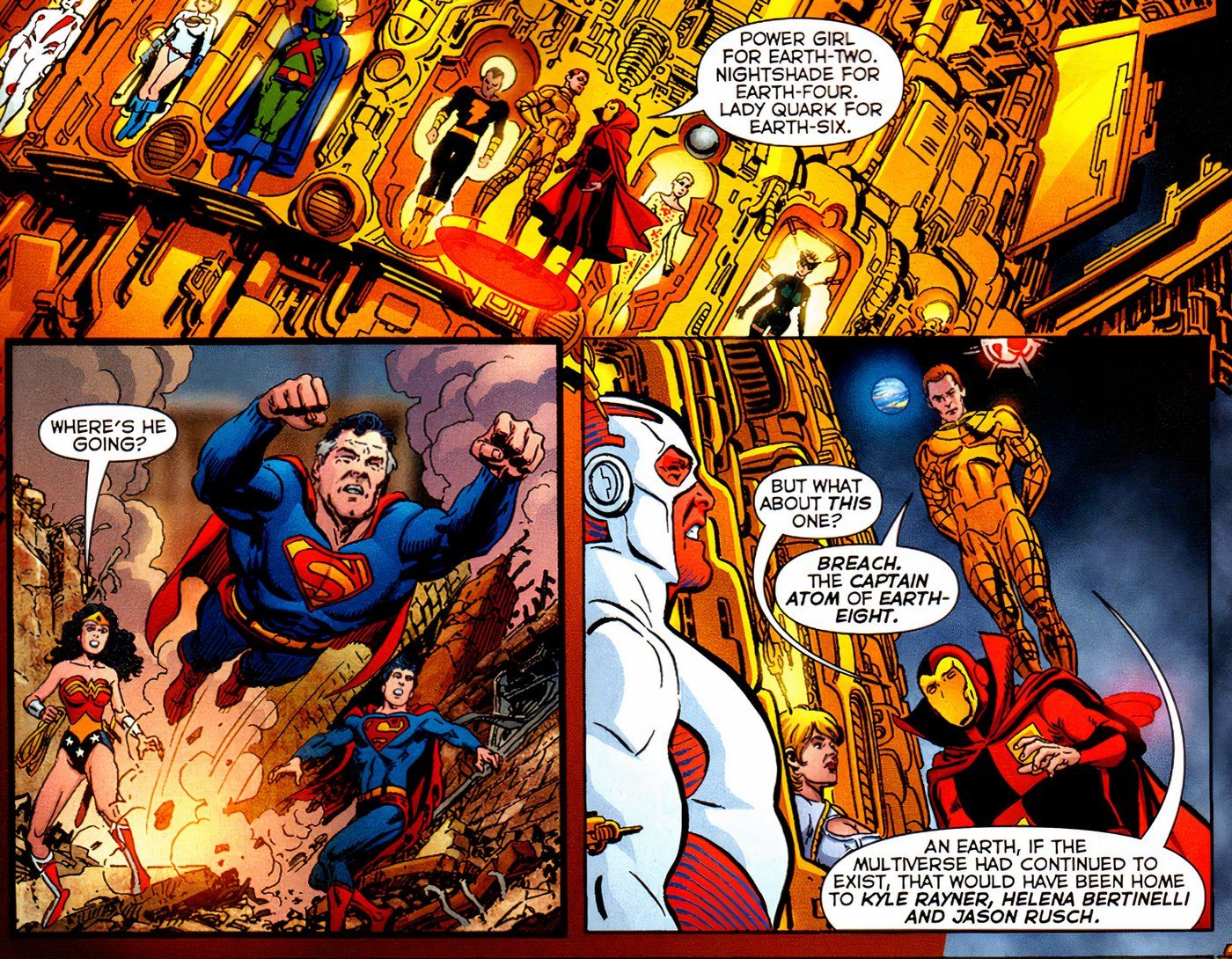 Alexandre Luthor prende os membros da Liga da Justiça a um grande dispositivo de ouro.