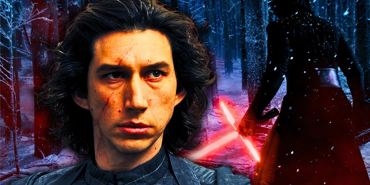 Adam Driver's Kylo Ren unmasked, edited over him wielding his crossguard lightsaber in the snowy forest
