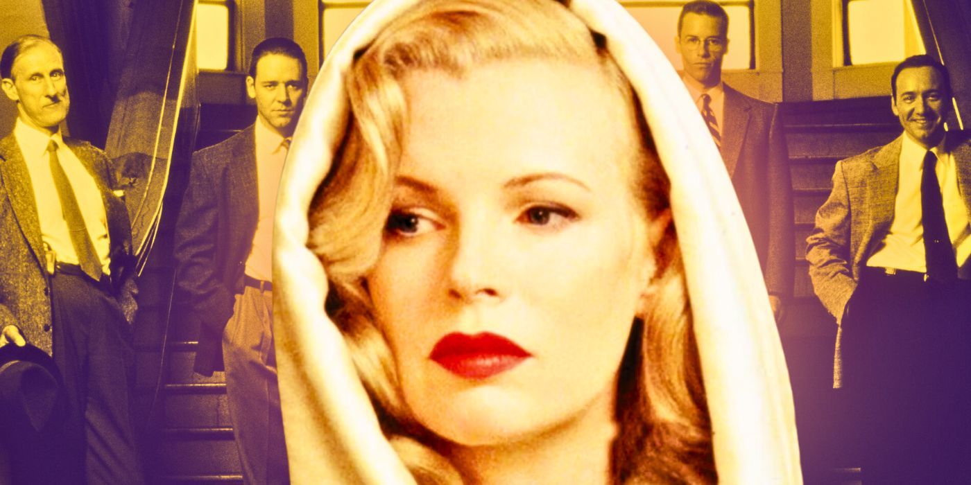 A collage of the characters from L.A. Confidential with Kim Basinger's Lynn Bracken in the foreground