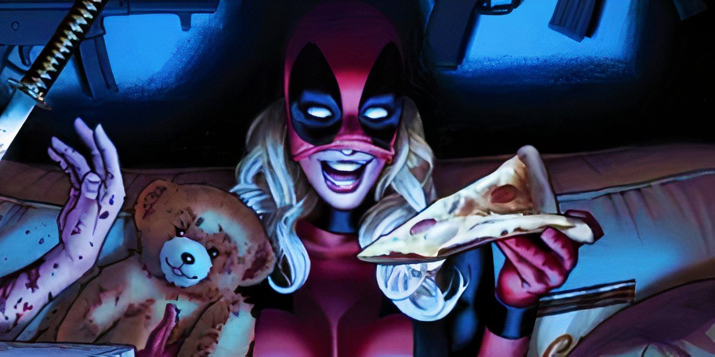 Lady Deadpool with a teddy eating pizza in Marvel Comics