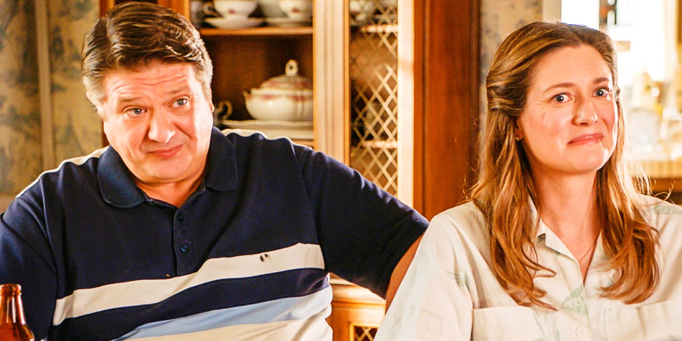 Lance Barber as George and Zoe Perry as Mary both with their eyebrows raised in Young Sheldon
