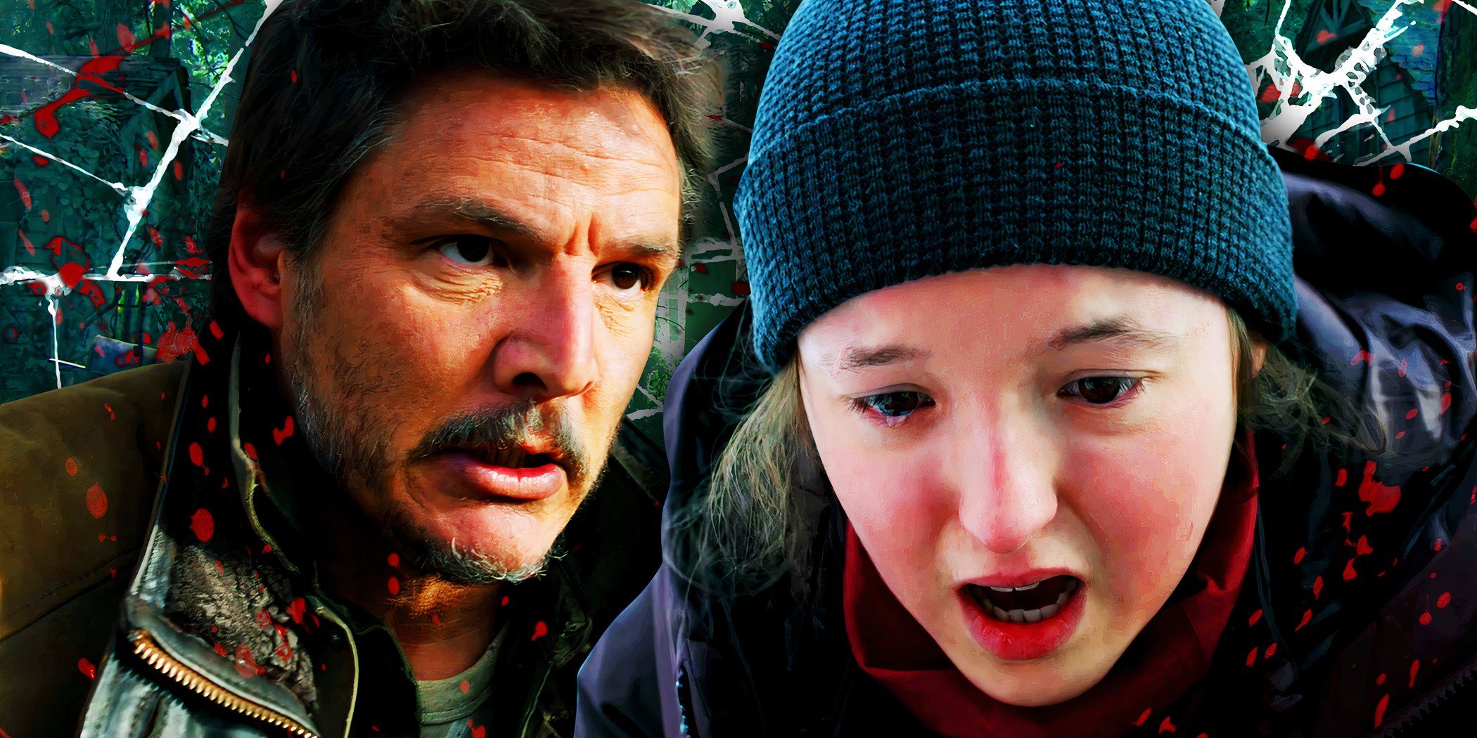 Pedro Pascal looking shocked as Joel next to Bella Ramsey crying as Ellie from The Last of Us (2023)
