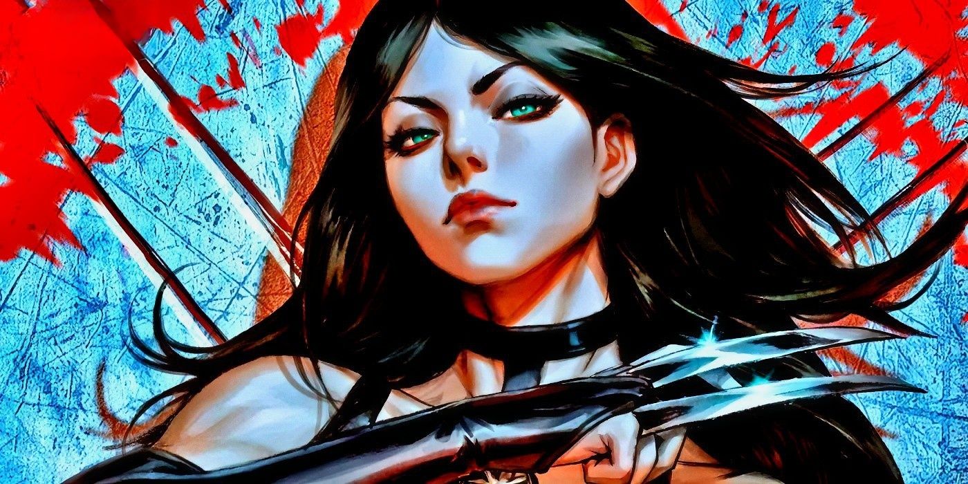 O Wolverine de Laura Kinney parado em frente a uma parede coberta de sangue.