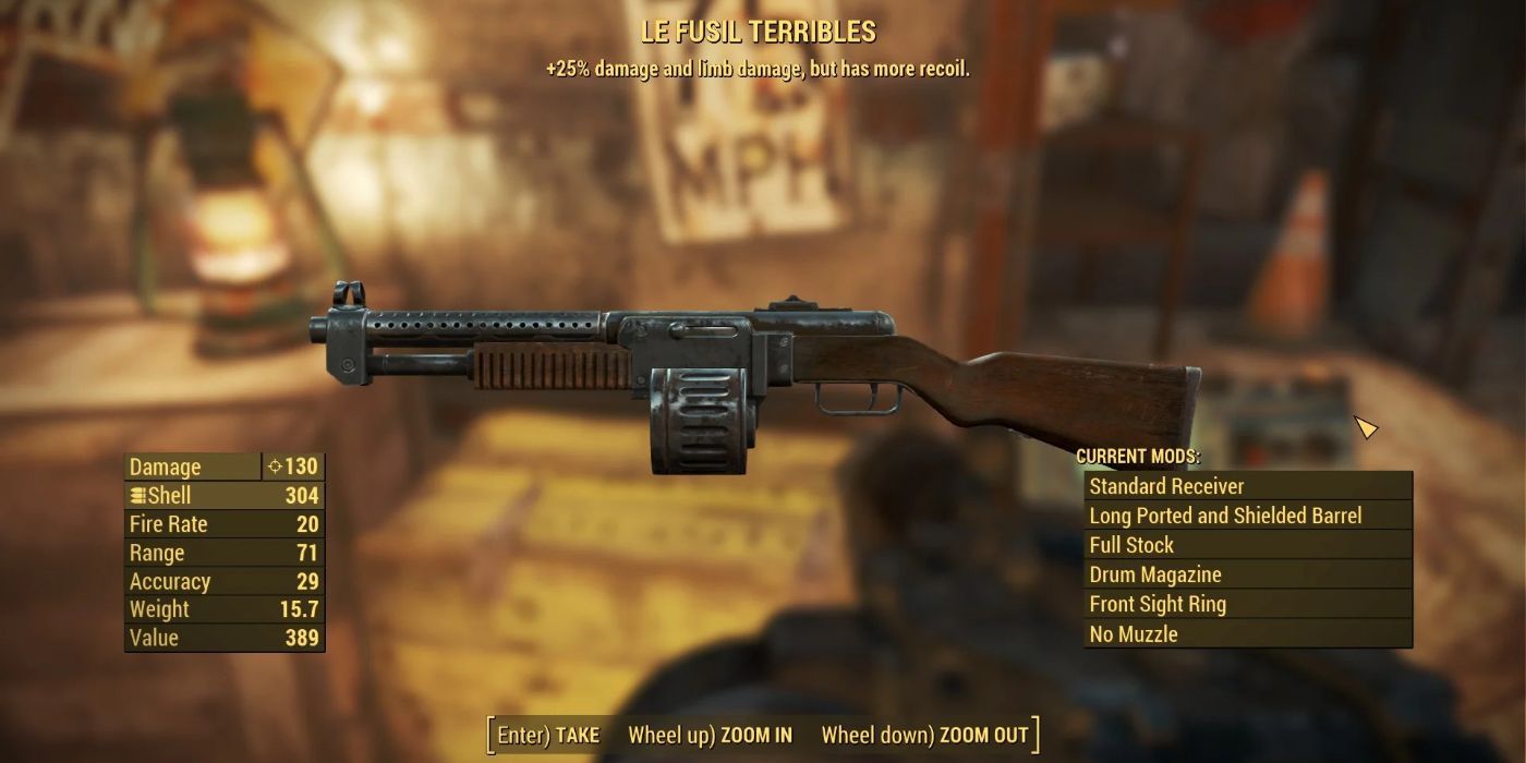 =Jogador pegando Le Fusil Terribles e olhando as especificações das armas em Fallout 4.