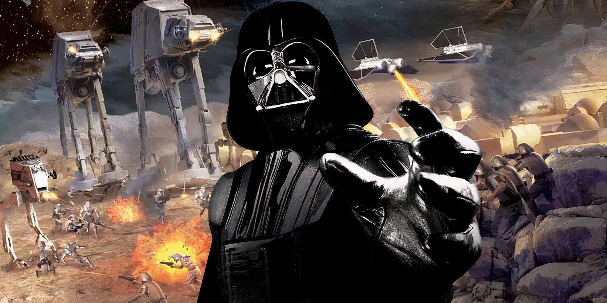 Darth Vader force choking with an epic battle from Star Wars: Empire at War behind him