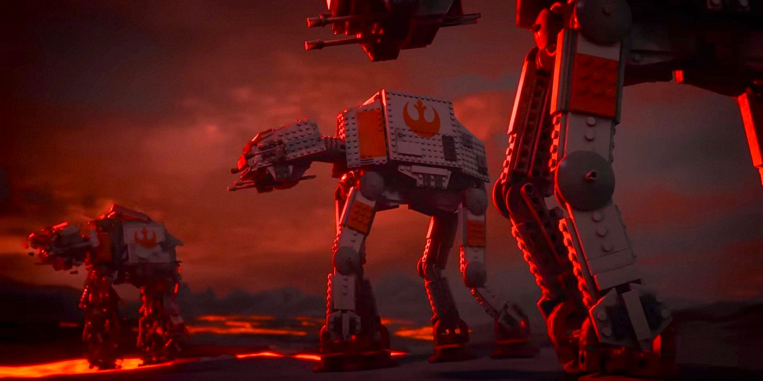 Marcheurs AT-AT portant le symbole de la Rébellion sur une planète de lave dans LEGO Star Wars : Rebuild the Galaxy