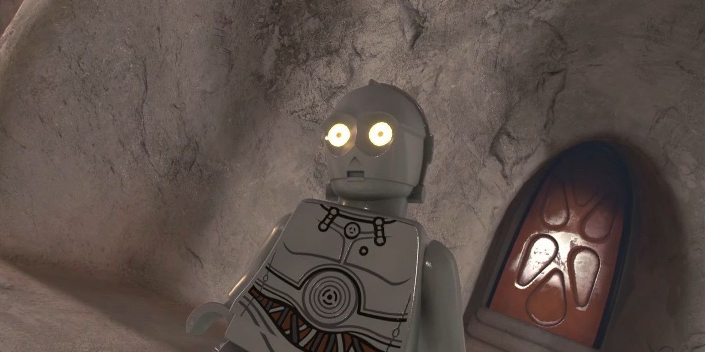 Nobot stares at the player character in LEGO Star Wars Skywalker Saga.