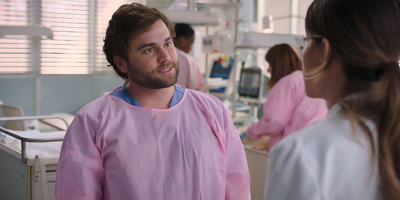 Levi Schmitt (Jake Borelli) humiliates himself in front of Monica Beltran (Natalie Morales) in the finale of Grey's Anatomy season 20