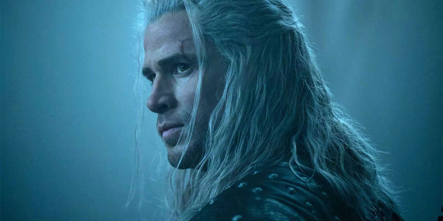Liam Hemsworth as Geralt in The Witcher, sporting blonde hair and looking stoic 