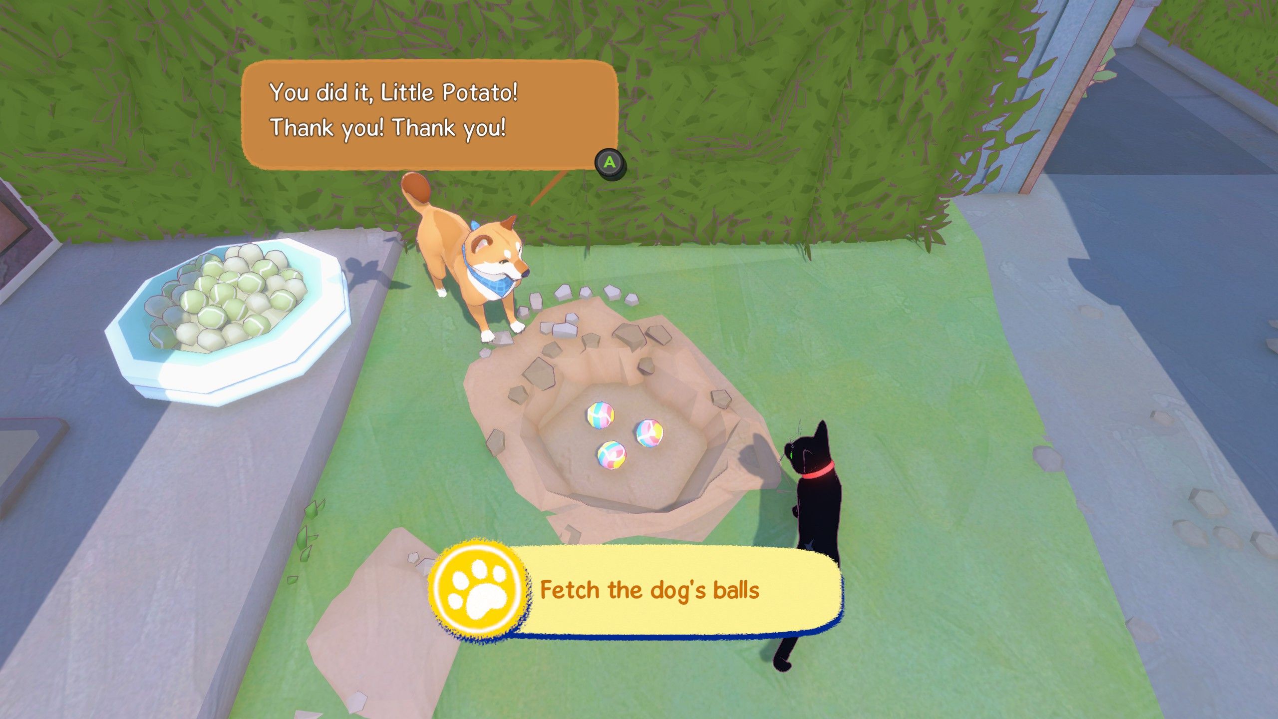 O gato em Little Kitty, Big City ajuda um simpático shibe a encontrar suas bolas