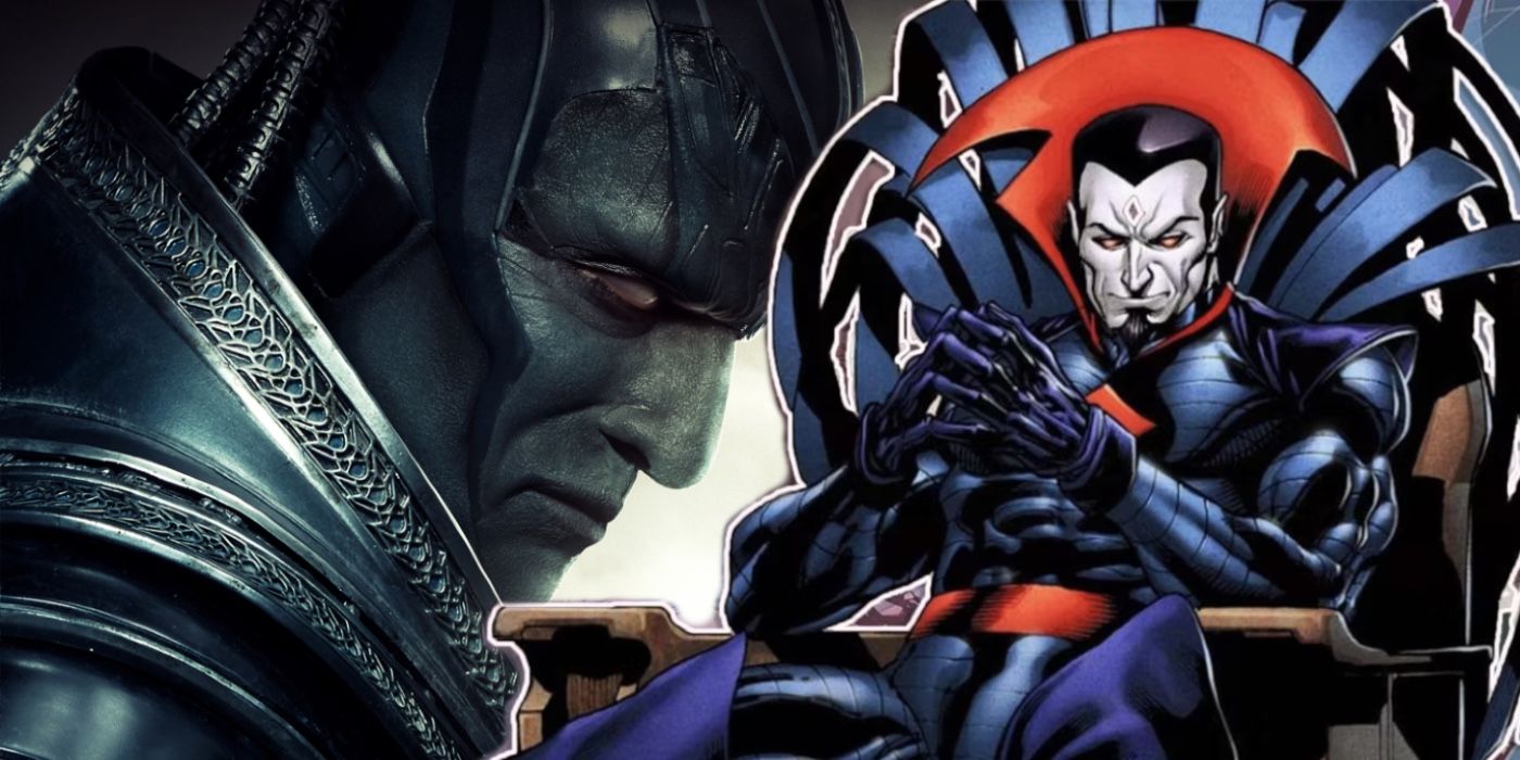 Live-action Apocalypse  looking down on the left of the image with comic Mister Sinister sitting and plotting to the right.