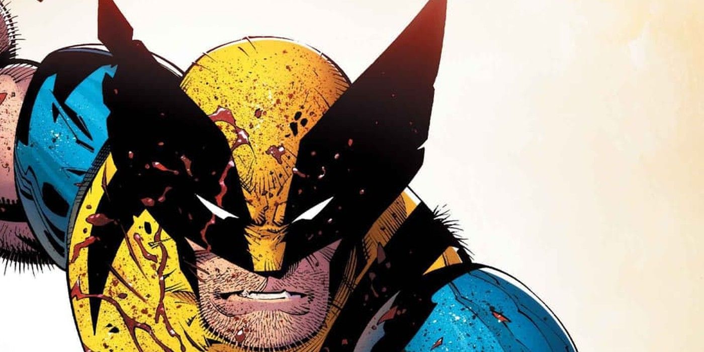 Close up of Wolverine in his iconic yellow & blue costume, splattered in blood.