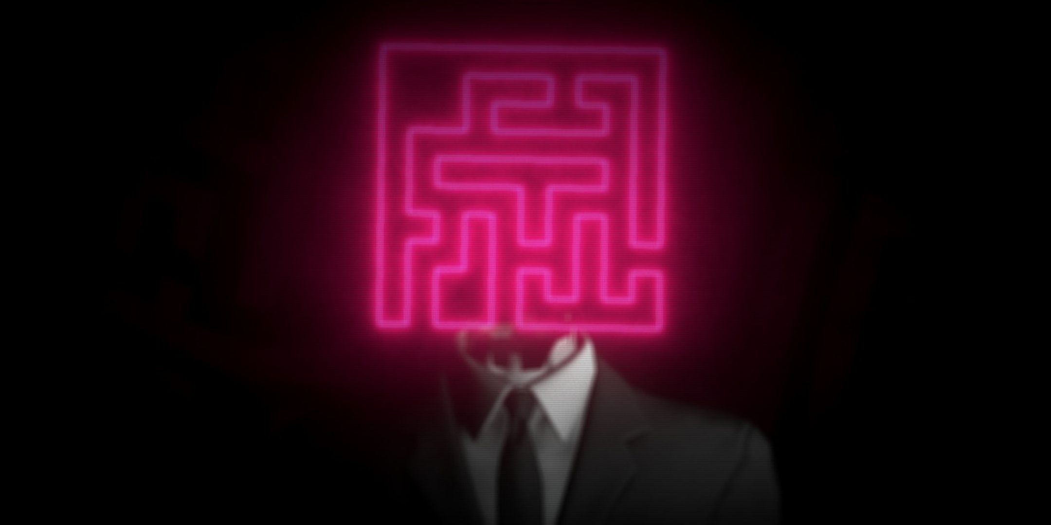A suited man with a pink maze in place of a head in Lorelei and the Laser Eyes.