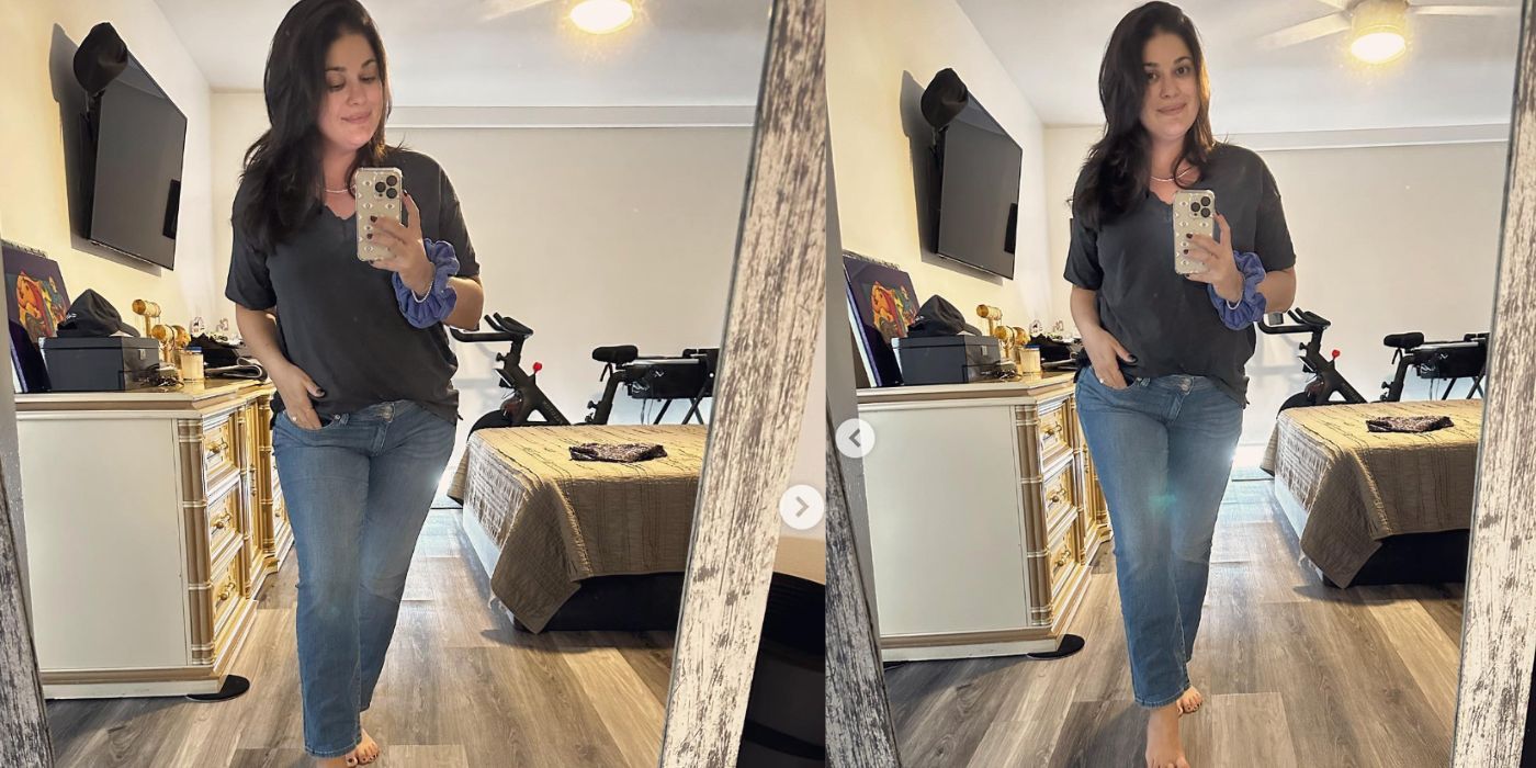 Loren Brovarnik in 90 Day Fiance showing weight loss in mirror selfie wearing jeans and t-shirt