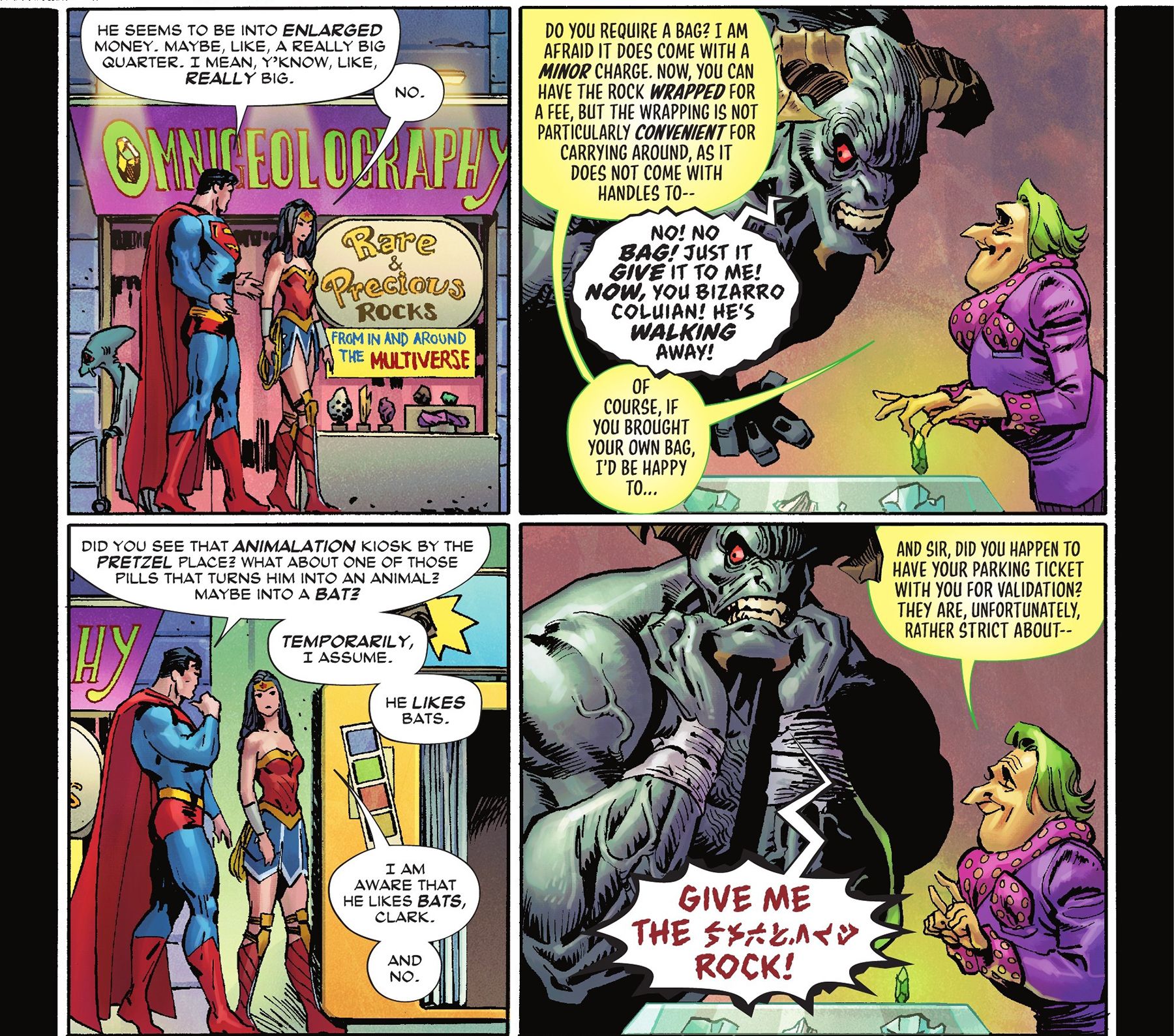 Wonder Woman and Superman shop for a birthday gift for Batman, as another alien tries to quickly buy Kryptonite so he can defeat Supes. The struggle is a Love Actually reference, with a retail worker offering extras like a shopping bag and gift wrap.