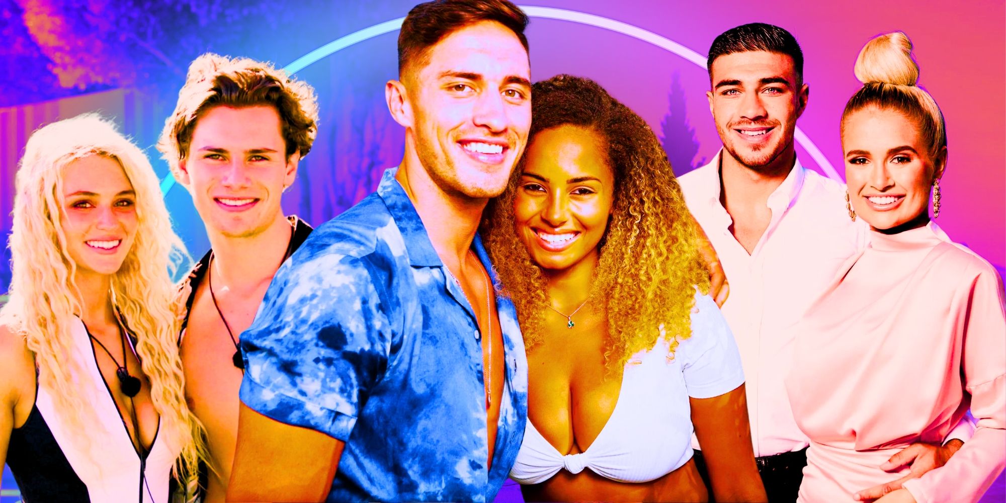 love island uk season 5 montage featuring cast members smiling in pairs with pink background