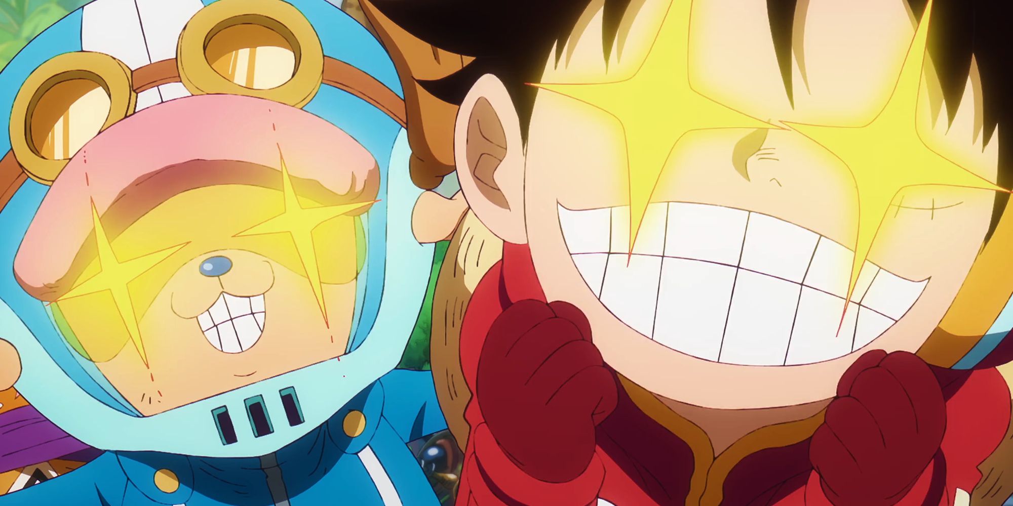 Luffy and chopper smiling with stars in their eyes in one piece