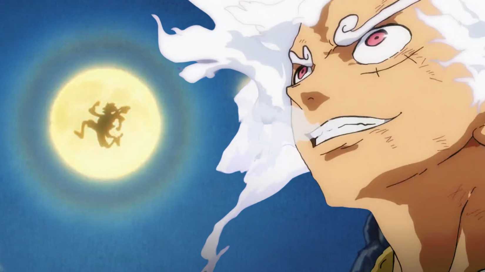 Shilloute of Luffy Gear Five over the Moon with a Luffy Gear 5 in the front.