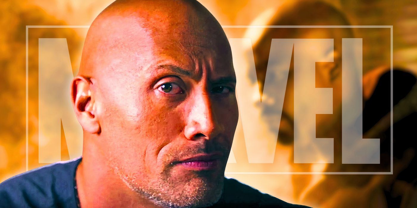 Custom image of Dwayne Johnson raising his eyebrow on yellow background with Marvel logo