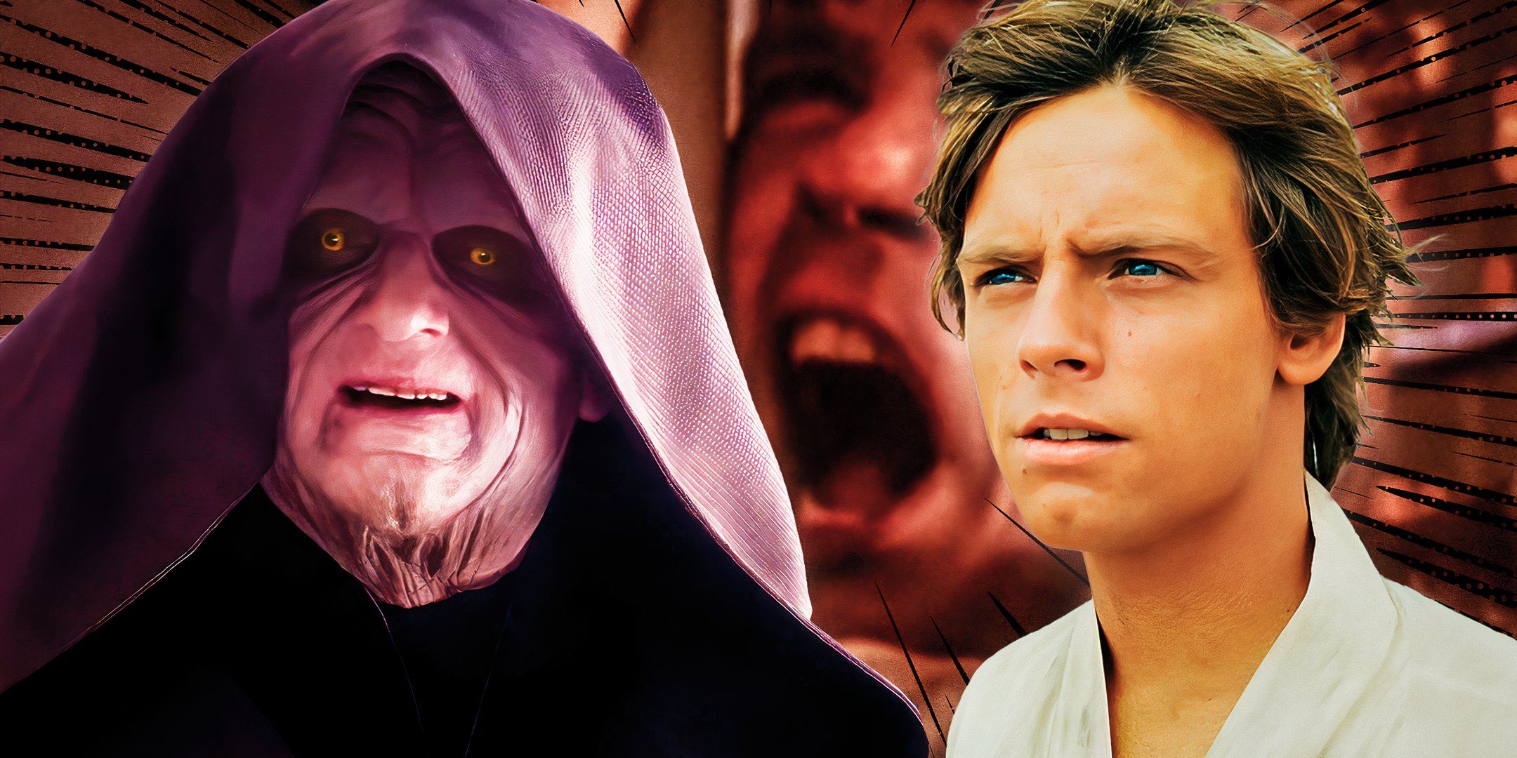 Ian McDiarmid's Emperor Palpatine and Mark Hamill's Luke Skywalker, edited over Luke screaming in The Empire Strikes Back