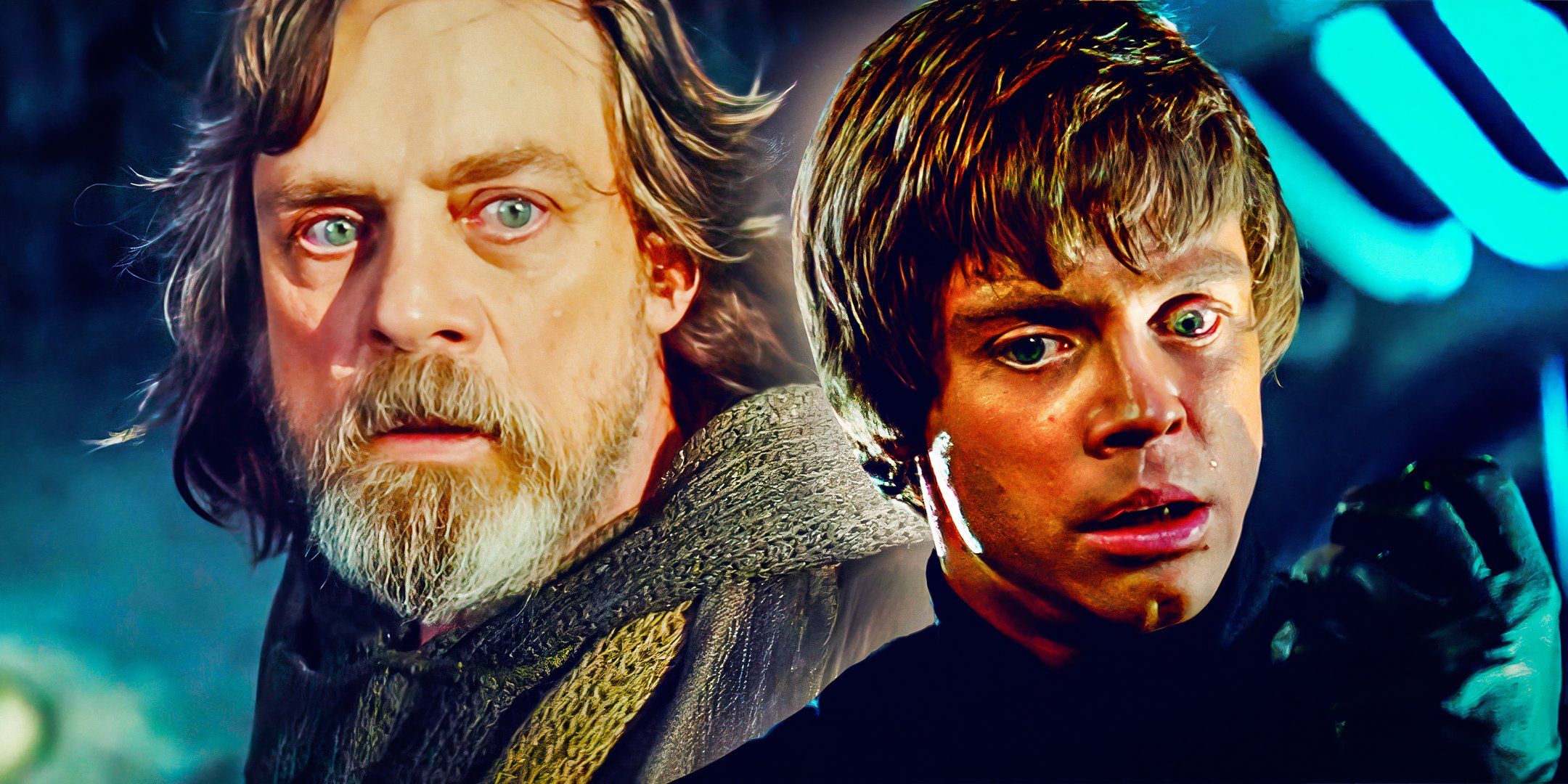 Luke Skywalker (Mark Hamill) as an older man in Star Wars: The Last Jedi and as a young man looking concerned in Return of the Jedi