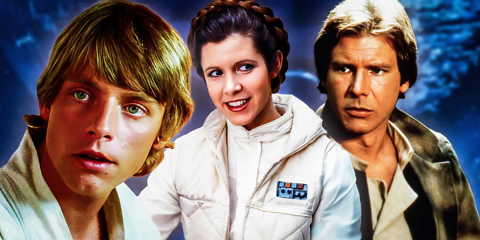 Luke Skywalker (Mark Hamill) in A New Hope, Leia Organa (Carrie Fisher) in The Empire Strikes Back, and Han Solo (Harrison Ford) in Return of the Jedi