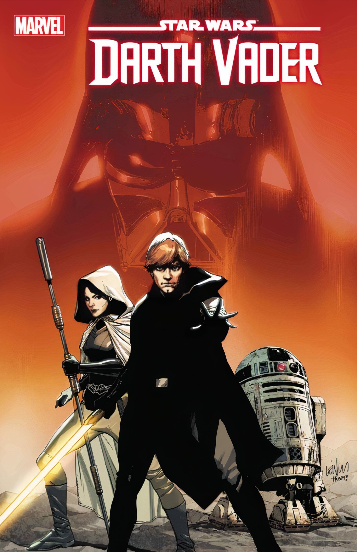 Arte da capa de Star Wars: Darth Vader #48 com Luke Skywalker e Darth Vader.