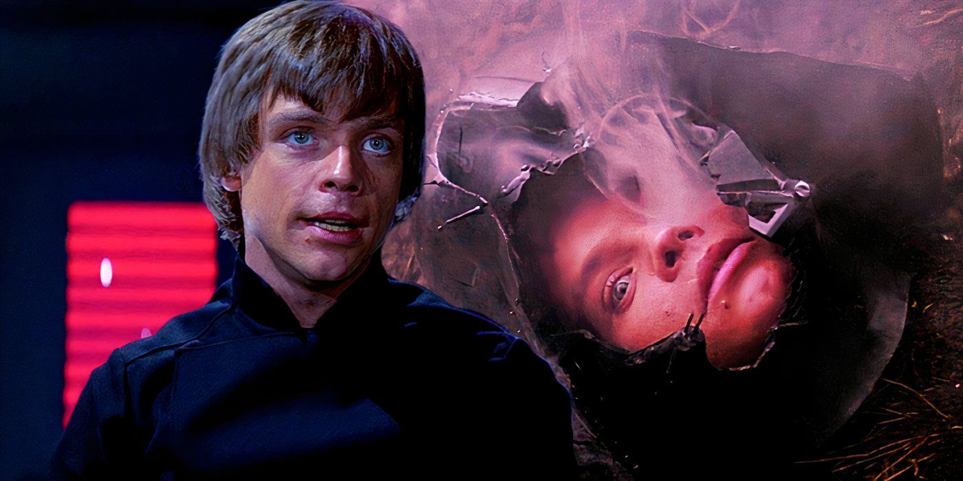 Luke Skywalker com a visão Dagobah dele usando o capacete de Darth Vader.