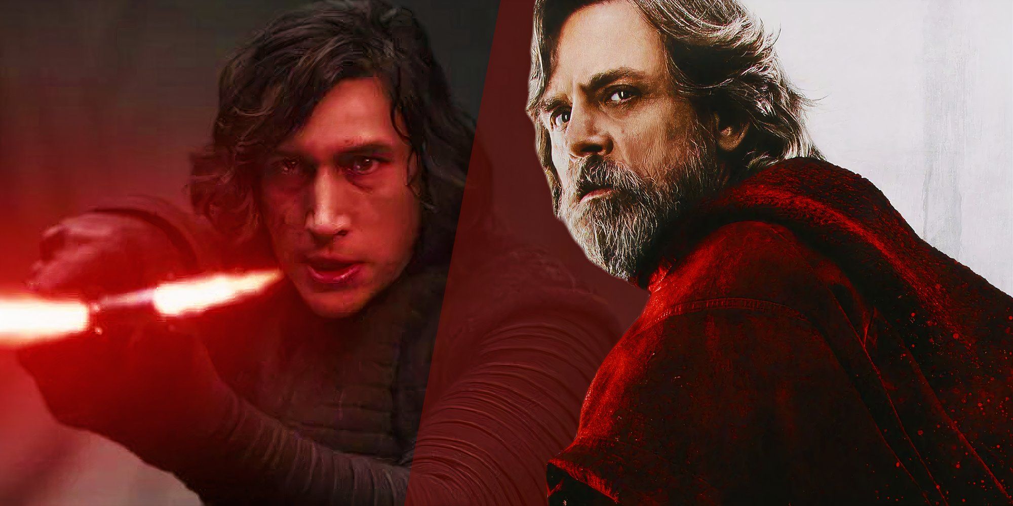 Mark Hamill as Luke Skywalker in the poster for  The Last Jedi (2017) next to Adam Driver raising his lightsaber as Kylo Ren