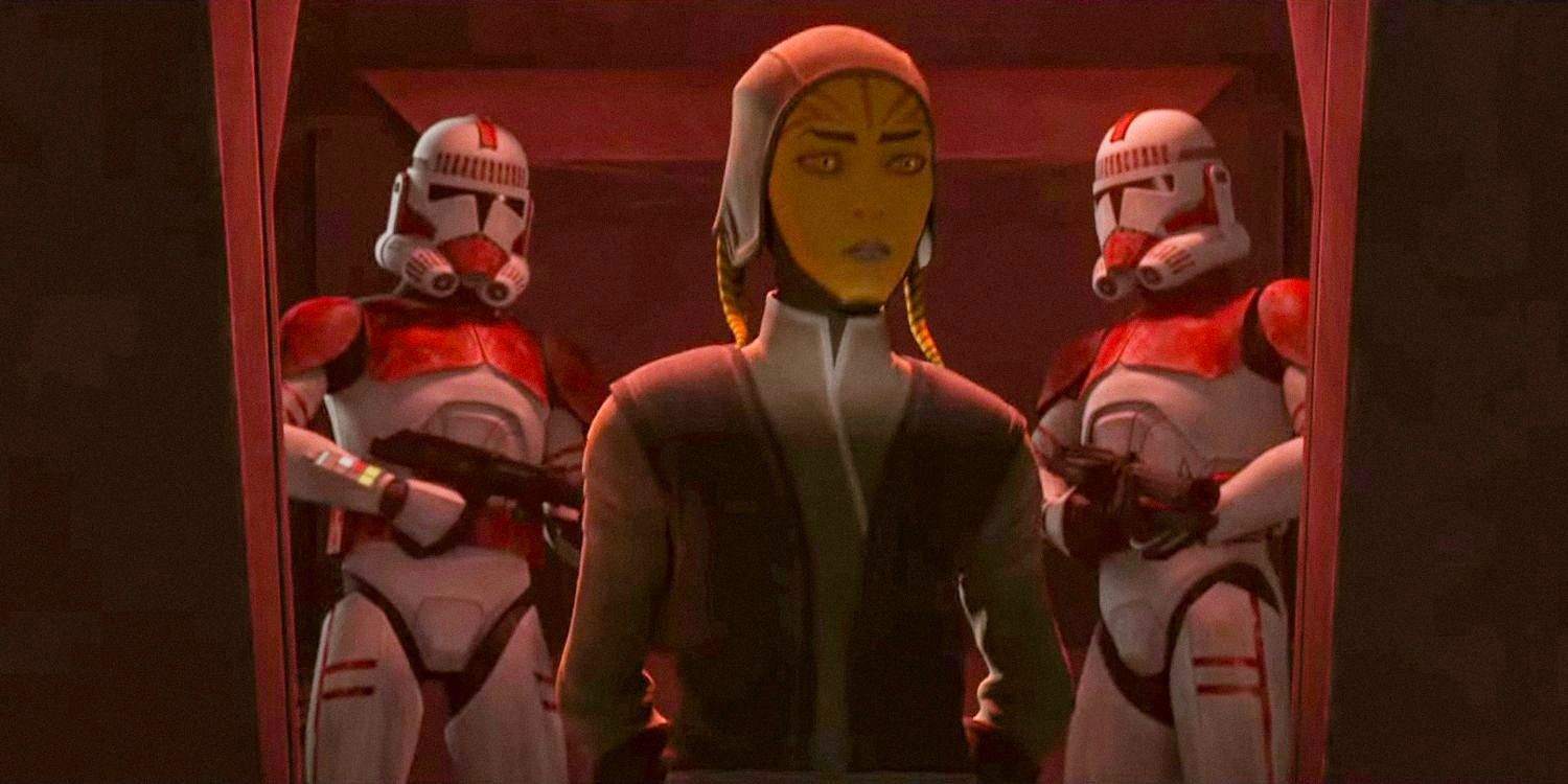 Lyn aka Fourth Sister escorted by two storm trooper in Tales of the Empire