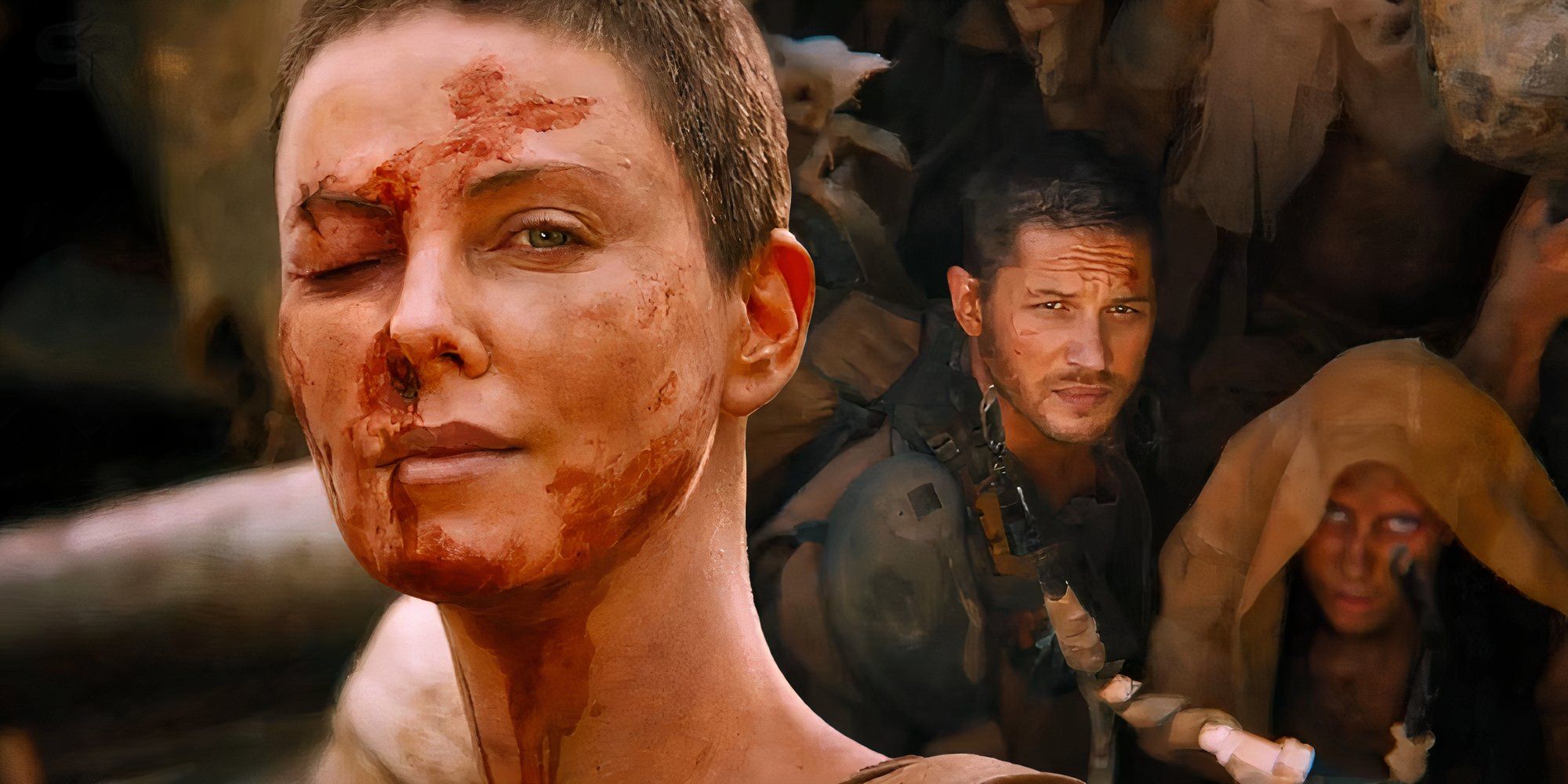 Charlize Theron as Furiosa and Tom Hardy as Max in Mad Max: Fury Road