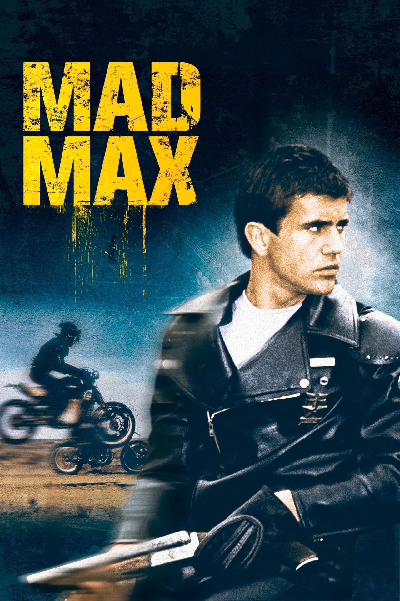 Pôster de Mad Max mostrando Mel Gibson segurando uma espingarda na frente de motociclistas