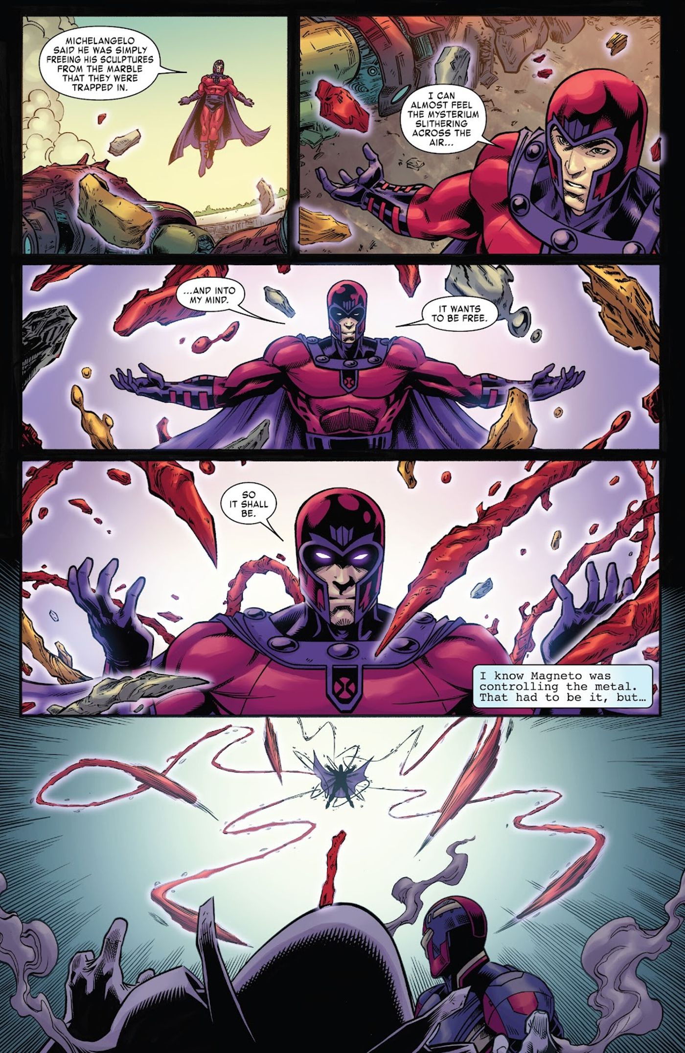 Magneto paira e invoca gavinhas de Mysterium vermelho em sua direção enquanto seus olhos brilham. 