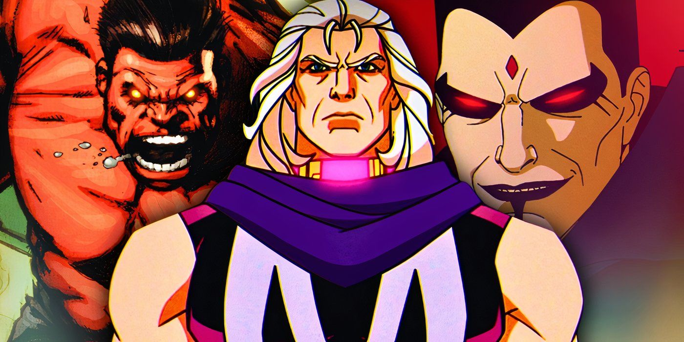 Split. image of Red Hulk growling from Marvel comics, Magneto looking serious and Sinister looking sinister from X-Men '97